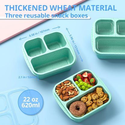 Snack Boxes (3 Pack) - Stackable Bento Boxes with 3 Compartments, Meal Prep Containers Reusable, Lightweight Lunch Containers for Kids and Adults, BPA Free (Blue)