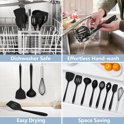 TeamFar Silicone Cooking Utensils Set, 8 PCS Kitchen Utensils Set, 446°F Heat Resistant, Turner, Spatula, Spoon, Whisk, Kitchen Cooking Gadgets Tools for Nonstick Cookware, Dishwasher Safe-Khaki
