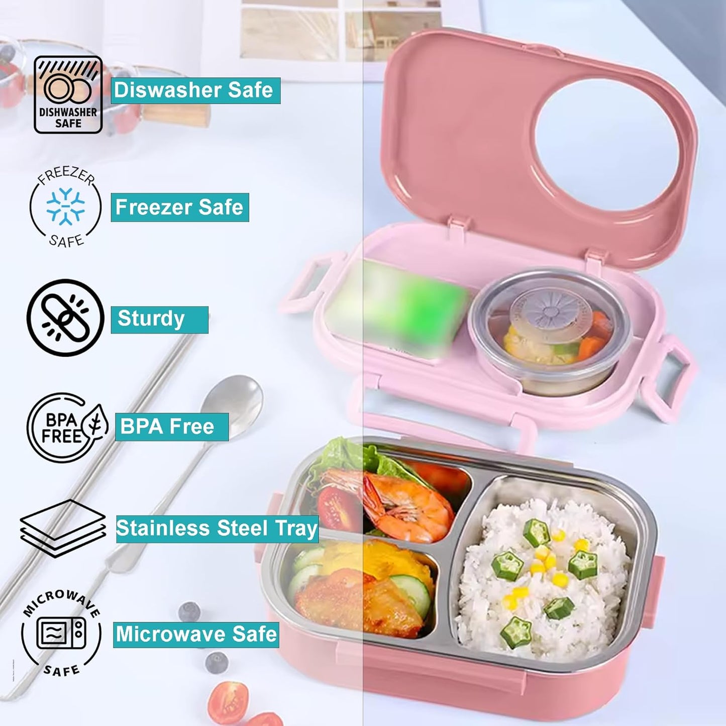 Kids Bento Lunch Box with Bag – Leakproof Stainless Steel Bento Box for School, 3 Compartments, Soup Bowl, Spoon & Chopsticks, Lunchbox Set for Girls & Boys (Blue)