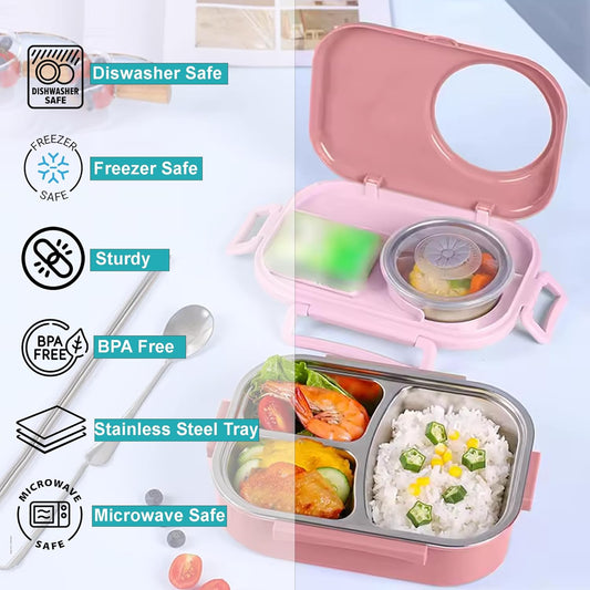Kids Bento Lunch Box with Bag – Leakproof Stainless Steel Bento Box for School, 3 Compartments, Soup Bowl, Spoon & Chopsticks, Lunchbox Set for Girls & Boys (Blue)