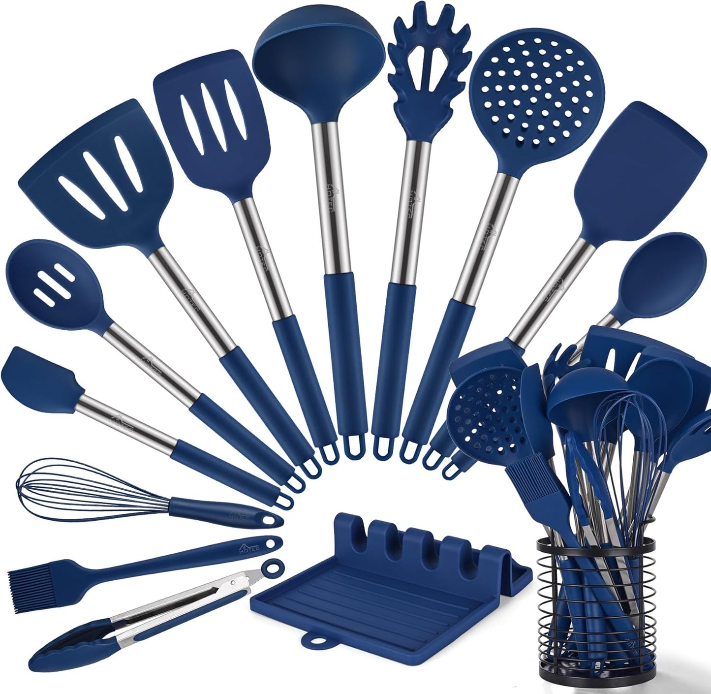 HOTEC 446°F Heat Resistant Silicone Kitchen Utensils, Cooking Utensil Set, Spatula Set, BPA Free, Kitchen Gadgets, With Stainless Steel Utensils Holder, Dishwasher Safe 14pcs Khaki