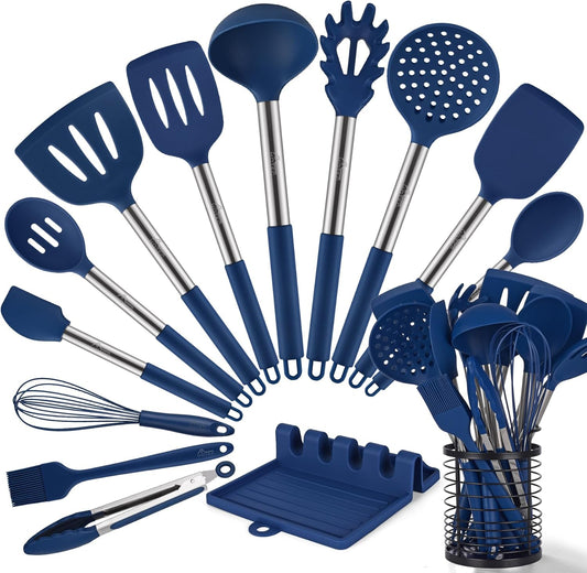 HOTEC 446°F Heat Resistant Silicone Kitchen Utensils, Cooking Utensil Set, Spatula Set, BPA Free, Kitchen Gadgets, With Stainless Steel Utensils Holder, Dishwasher Safe 14pcs Khaki