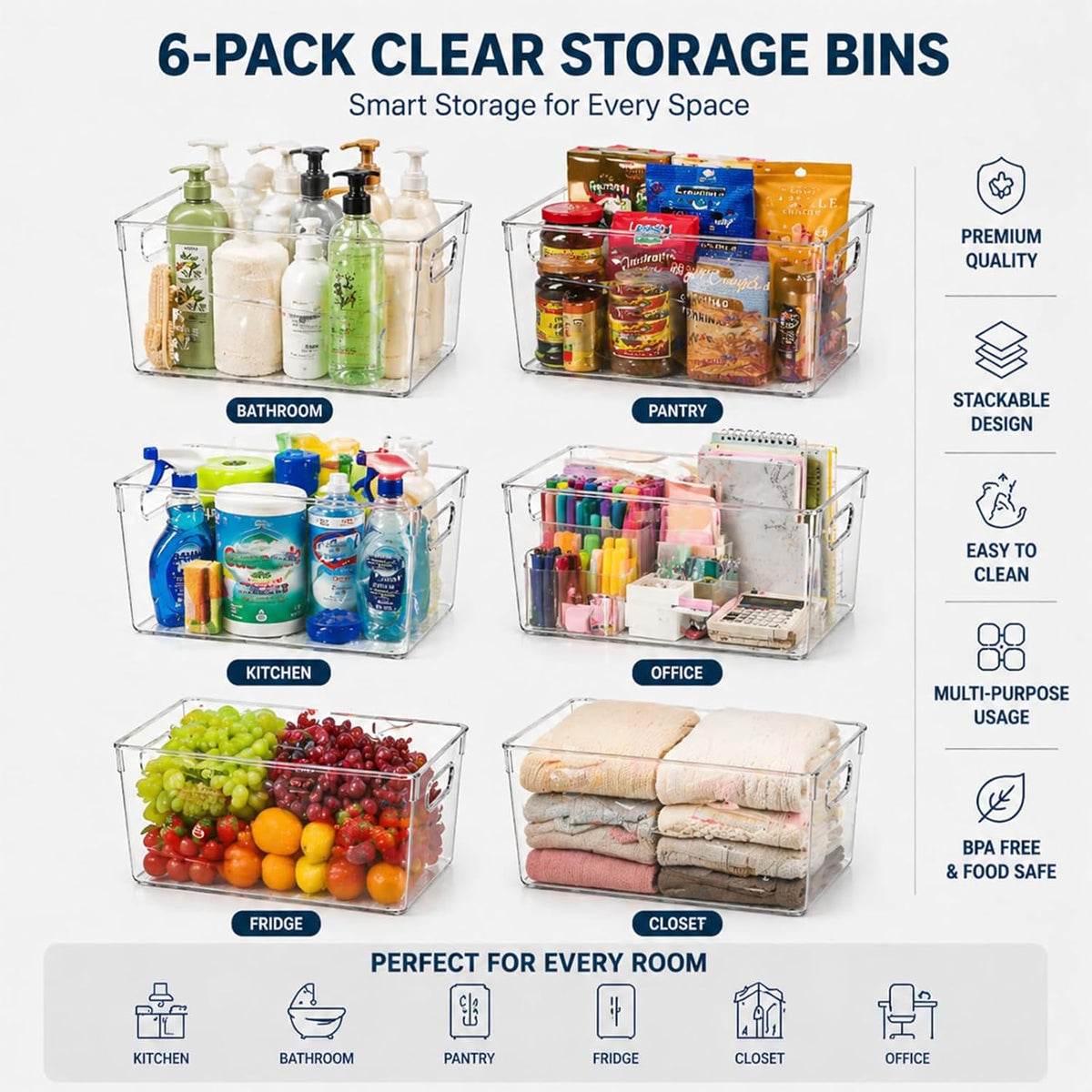 MOONEDGE 6 Pack Clear Organizer Bins 11x8x6in Pantry Organizers and Storage | Clear Containers for Organizing, Plastic Storage Bins with Handles for Drawer, Craft, Fridge, Kitchen Cabinet Shelf