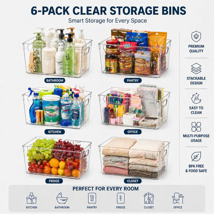 MOONEDGE 6 Pack Clear Organizer Bins 11x8x6in Pantry Organizers and Storage | Clear Containers for Organizing, Plastic Storage Bins with Handles for Drawer, Craft, Fridge, Kitchen Cabinet Shelf