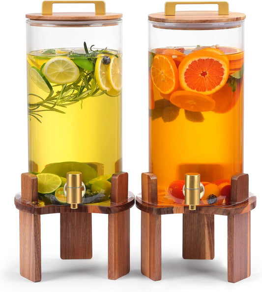 2 PCS 1.5 Gallon Glass Drink Dispenser, Beverage Dispenser With Wood Stand, Lid and Stainless Steel Spigot, Large Water Dispenser for Parties, Perfect for Lemonade, Juice, Tea and Daily Drinks