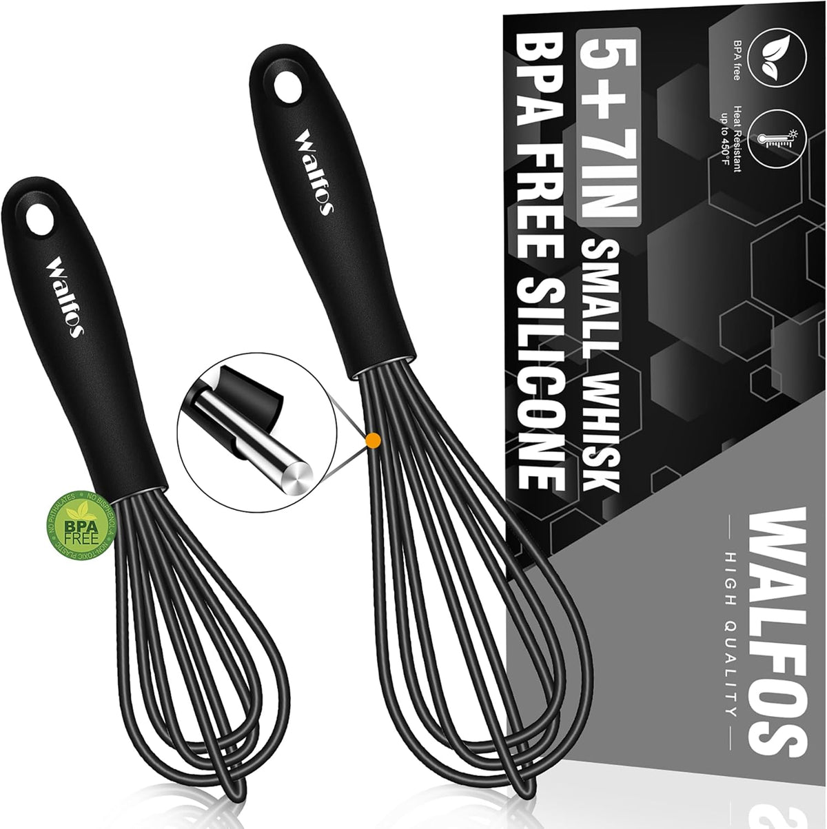 Walfos Silicone Whisk,Stainless Steel Wire Whisk -Heat Resistant 480°F Kitchen Whisks for Non-stick Cookware,Balloon Egg Beater Perfect for Blending,Whisking,Beating,Frothing & Stirring,Black