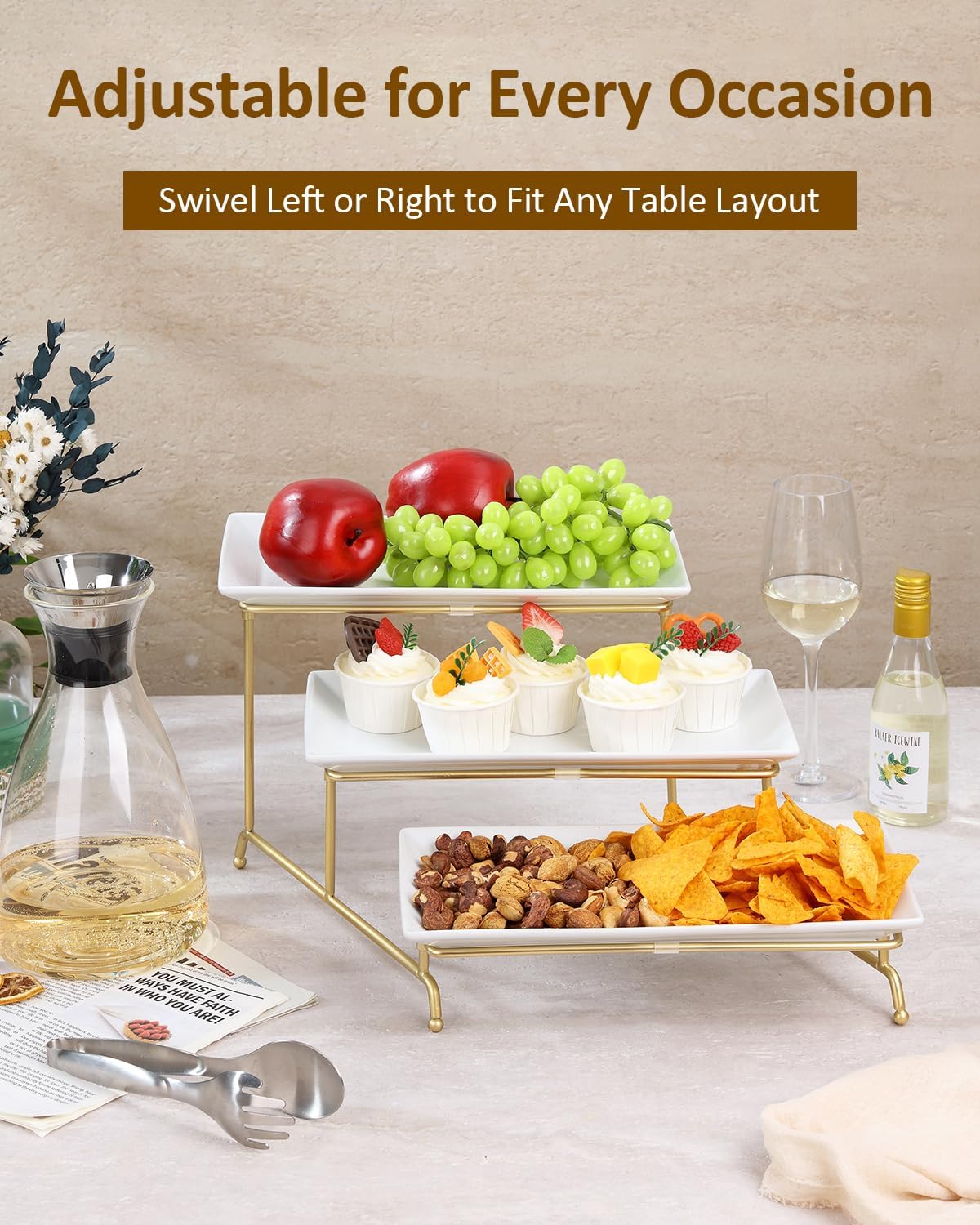Yedio 3 Tier Serving Trays for Party, Porcelain Serving Platters and Trays, 12 Inch Tiered Tray Stand, Fruit Tray, Trays for Serving Food, White Dessert Stand with Collapsible Sturdier Metal Rack