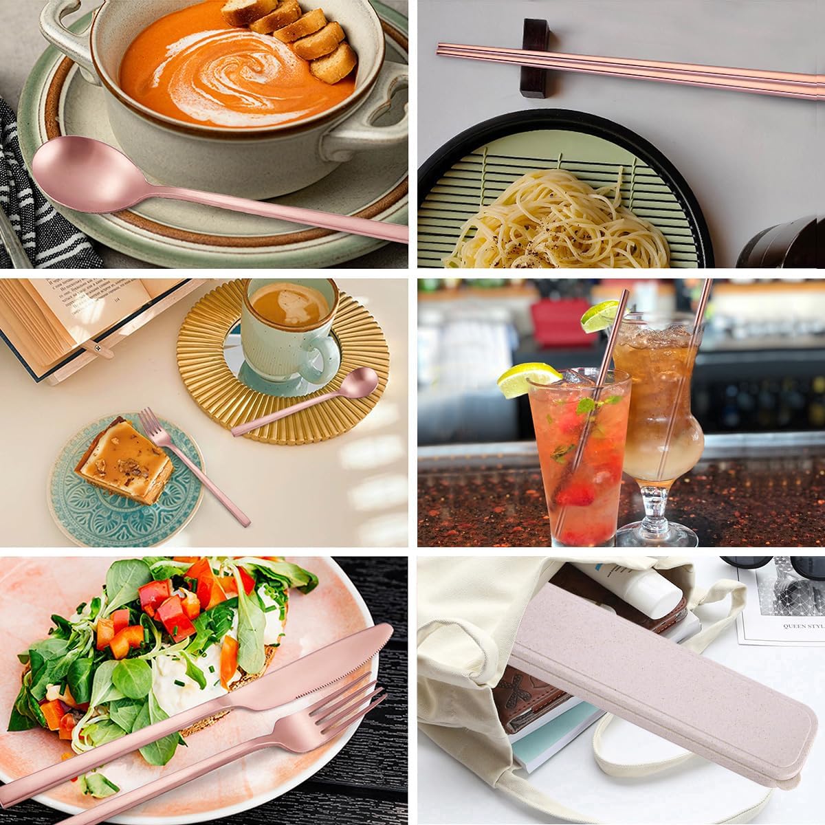 AARAINBOW 8 Pieces Stainless Steel Flatware Set Portable Reusable Cutlery Set Travel Utensils Set Including Chopsticks Knife Fork Spoon Straws Cleaning Brush Dishwasher Safe (Pink Golden)
