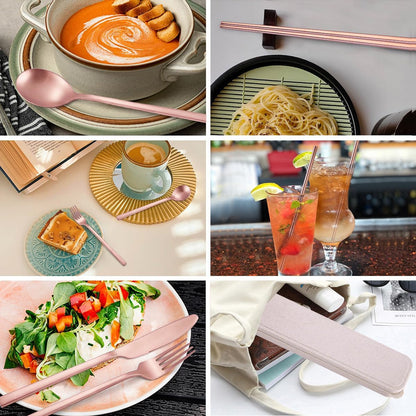 AARAINBOW 8 Pieces Stainless Steel Flatware Set Portable Reusable Cutlery Set Travel Utensils Set Including Chopsticks Knife Fork Spoon Straws Cleaning Brush Dishwasher Safe (Pink Golden)
