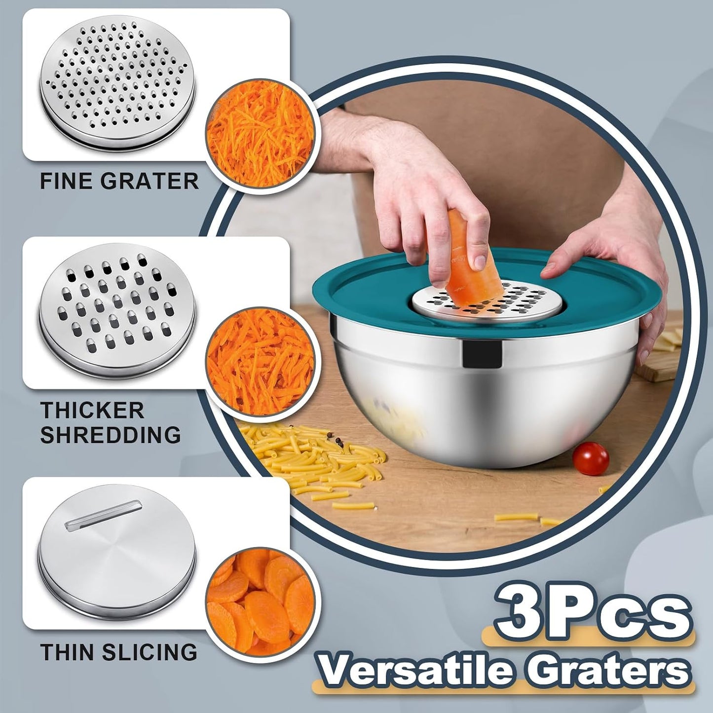 P&P CHEF Mixing Bowls with Lids Set of 6, Stainless Steel Nesting Salad Bowl & 3 Grater Attachments for Prepping Storing, 4.6/2.6/2/1.5/1/0.7 QT, Khaki
