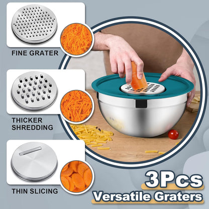 P&P CHEF Mixing Bowls with Lids Set of 6, Stainless Steel Nesting Salad Bowl & 3 Grater Attachments for Prepping Storing, 4.6/2.6/2/1.5/1/0.7 QT, Khaki