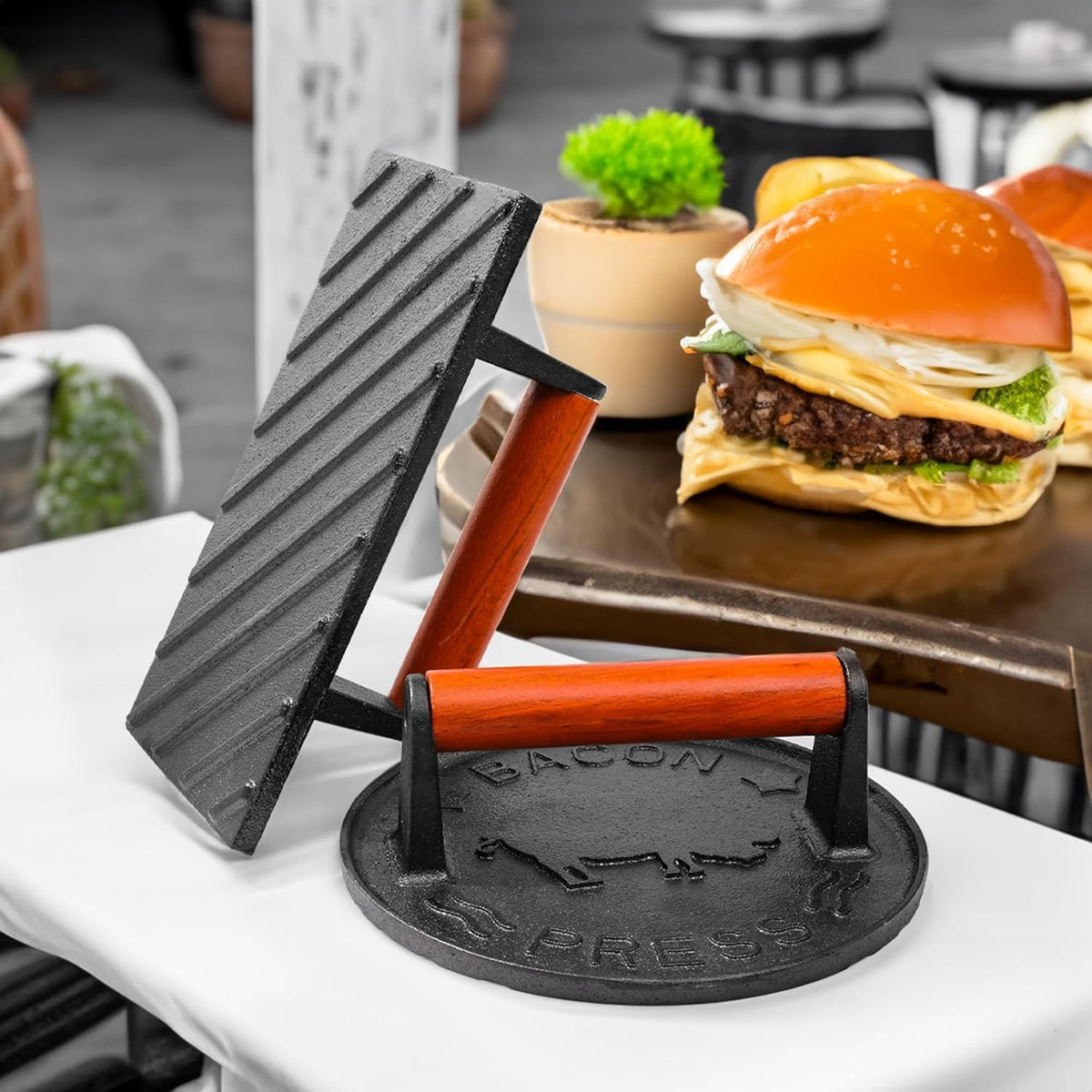 Cast Iron Burger Press, 7.2 inch Round, Wood Handle