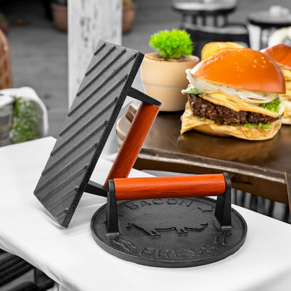 Cast Iron Burger Press, 7.2 inch Round, Wood Handle