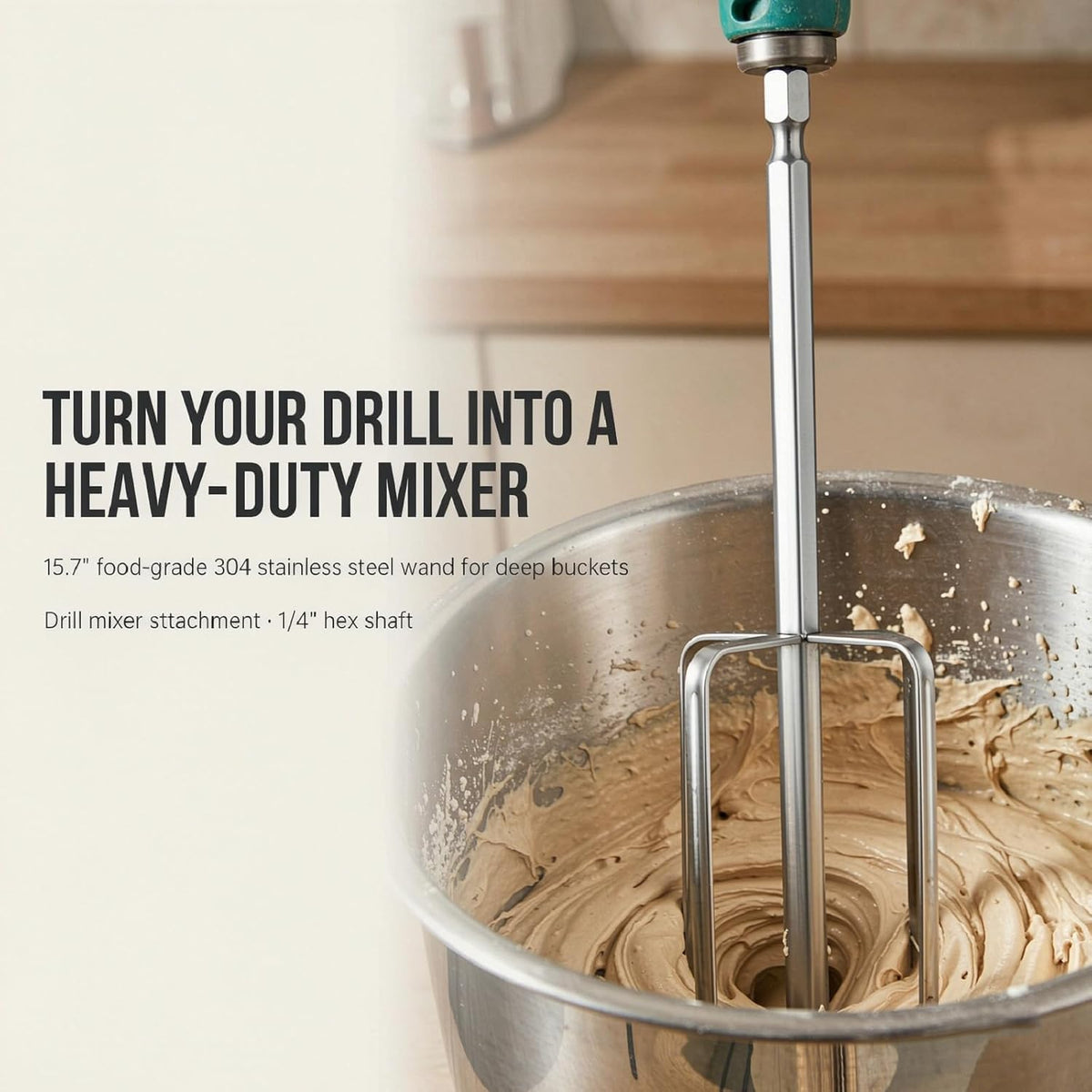 MAGICLULU Drill Mixer Attachment, 15.7 Inch Heavy Duty 304 Stainless Steel Hand Mixer Beaters with 1/4 Hex Shaft, Food Grade Drill Stirrer for Meat Filling, Dough, Mashed Potatoes, Batter, Eggs, Cream