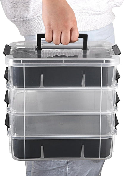 JUXYES 4-Tiers Plastic Stack Carry Storage Containers Box wih Handle Lids | Clear Stackable Latching Storage Bin With 2 Tray for School Office, Organizing Sewing, Art Craft, DIY Supplies, Blue