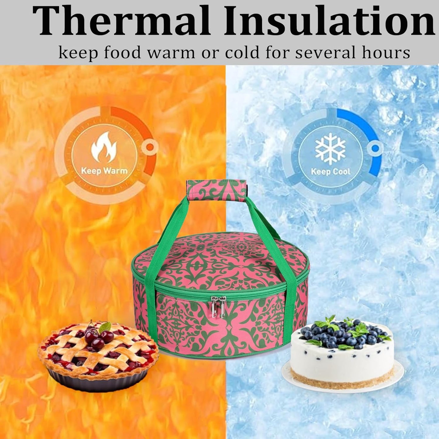 Round Insulated Pie Carrier – Thermal Portable Lunch Transport Cheesecake Cake Dish Container Bag Keep Food Hot/Cold/Fresh for Potlucks Parties Gathering/Cookouts/Church Dinner/Outdoor Events-Red