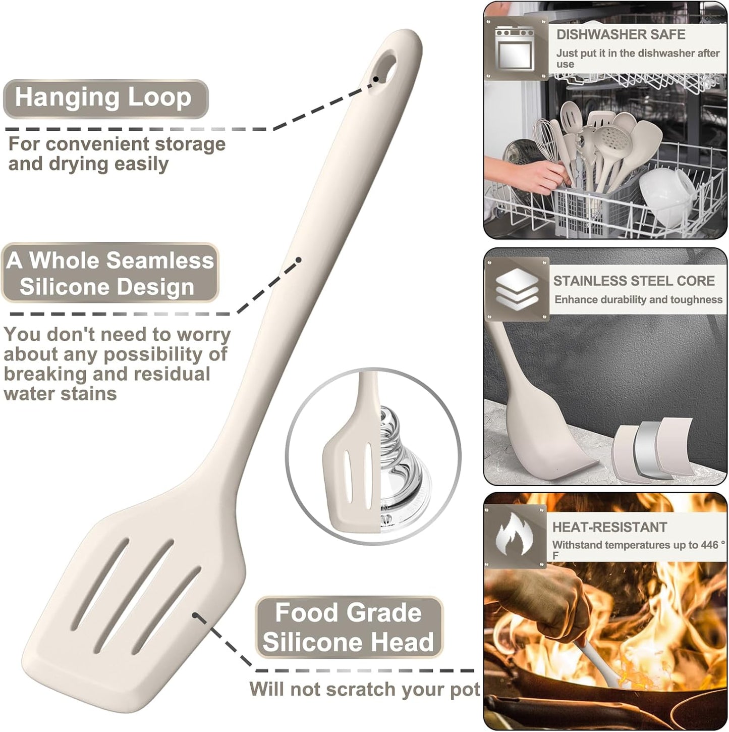 Silicone Kitchen cooking Utensils Set, AIKKIL 43 Pcs Heat Resistant Khaki Cooking Utensils Set, Turner, Tongs, Spoon, Spatula, Kitchen Gadgets Tools Set For Nonstick Cookware(Dishwasher, BPA Free)