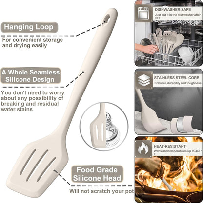 Silicone Kitchen cooking Utensils Set, AIKKIL 43 Pcs Heat Resistant Khaki Cooking Utensils Set, Turner, Tongs, Spoon, Spatula, Kitchen Gadgets Tools Set For Nonstick Cookware(Dishwasher, BPA Free)