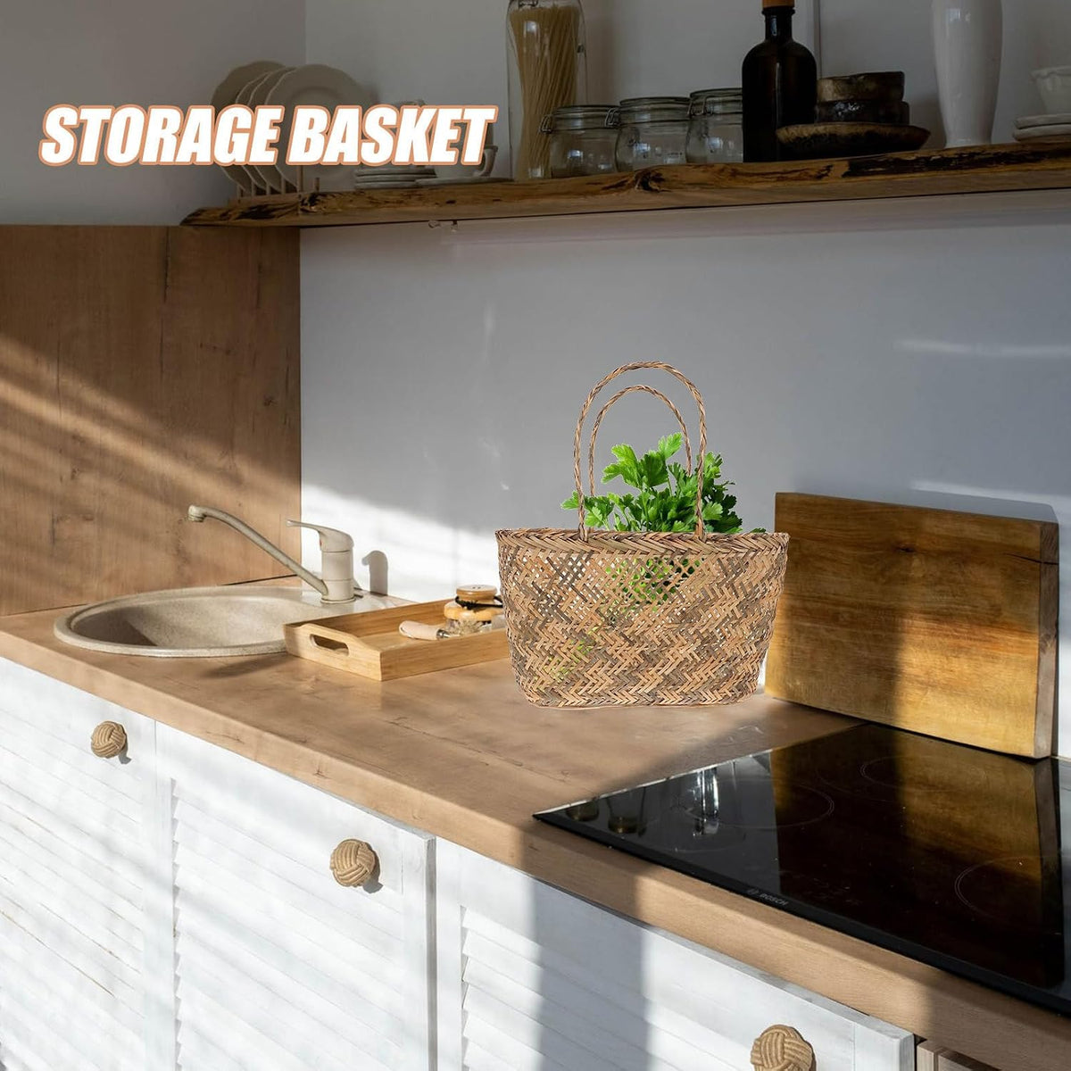 Generic Handmade Storage Basket with Delicate Handle, Wear-resistant and Multi-functional Design, Beige Organizer Bin for Eggs and Vegetables, for Home Decor and Shelf Storage