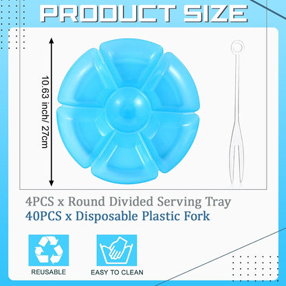 Zhehao 4 Pcs Sectional Heavyweight Plastic Divided Plates Serving Trays with 40 Disposable Forks 10.6" 7 Section Round Chip Dip Plate Snack Food Platter for Nut Candy Veggie Fruit (Blue)