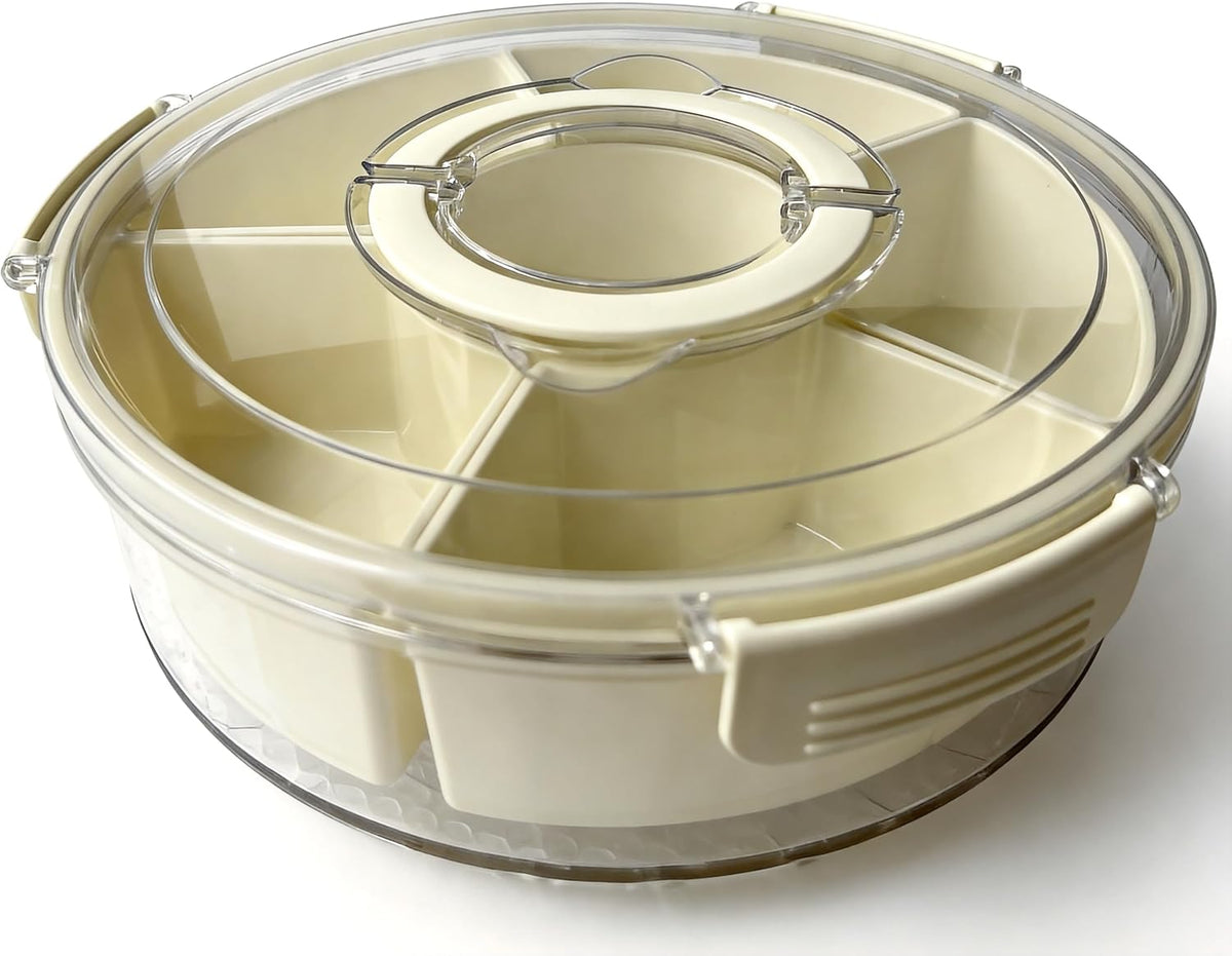 Rotating Divided Serving Tray with Lid and Handle, 6 Compartment Snackle Box Container, Airtight Portable Veggie Fruit Tray for Party Picnic Kitchen Camping