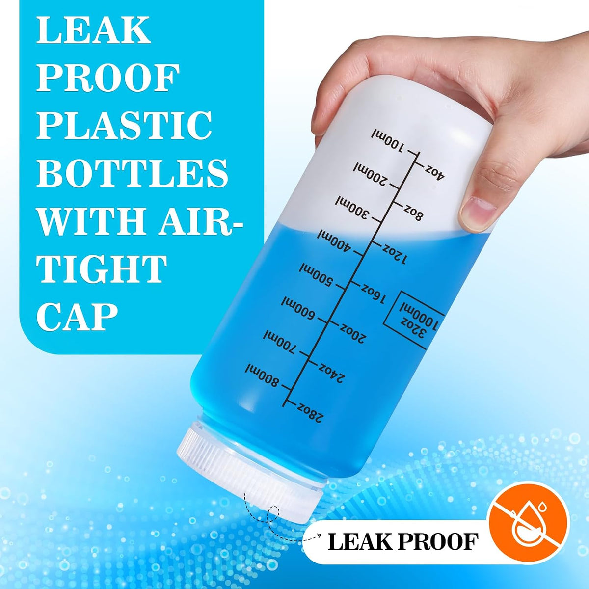 34oz/1000ml Wide Mouth Plastic Bottles with Airtight Lids, Graduated Food Grade Leak Proof PP Containers Jars for Water Sample Lab Reagent Liquid Medicine Storage (Transparent, 3 Pcs)