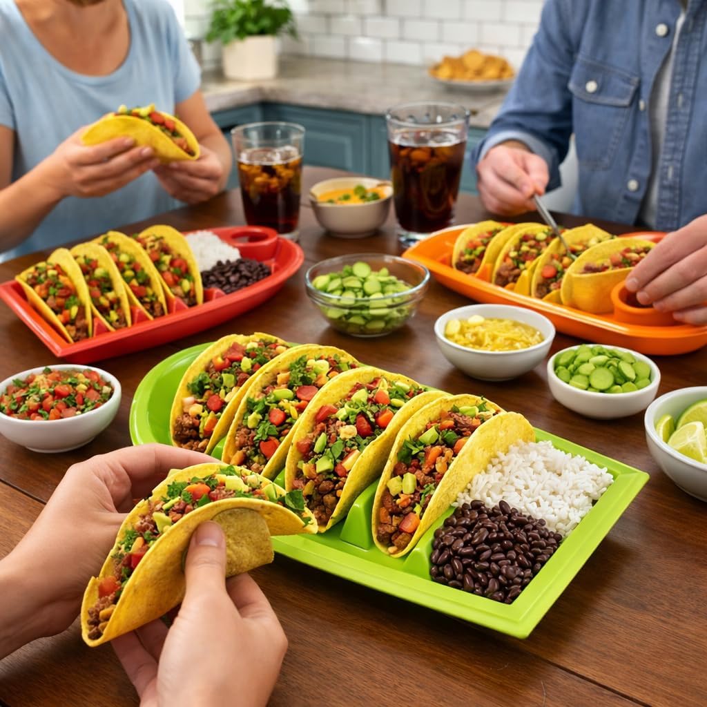 Set of 3 Taco Holder Plates – Plastic Divider Taco Trays with Stand-Up Slots, BPA-Free, Dishwasher & Microwave Safe