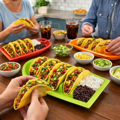 Set of 3 Taco Holder Plates – Plastic Divider Taco Trays with Stand-Up Slots, BPA-Free, Dishwasher & Microwave Safe