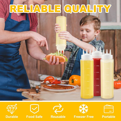 4Pack 23oz Plastic Squeeze Condiment Bottles 3 Holes Sauce Squeeze Bottle 680ml Squirt Bottles for Syrup Ketchup Dressing Oil Honey