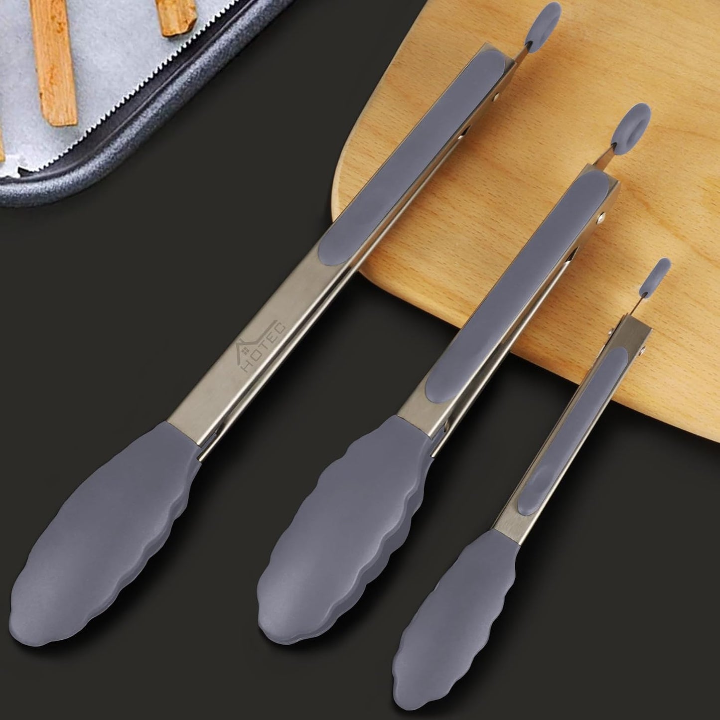HOTEC Premium Stainless Steel Locking Kitchen Tongs with Silicon Tips, Set of 2-9" and 12"