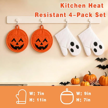 FYSUIMU 4Pcs Halloween Oven Mitts and Pot Holders Set, Evil Pumpkin Ghost