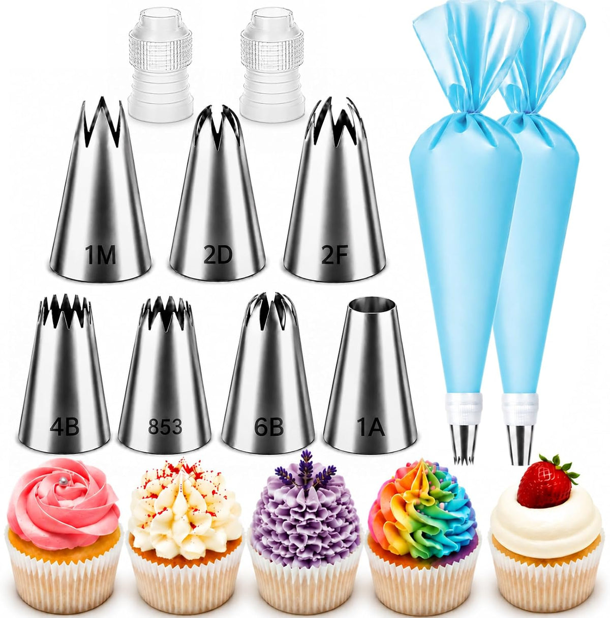 Hendiy Large Piping Tips Set, 2D 2F 1M 4B 1A 6B 853 with Reusable Bag