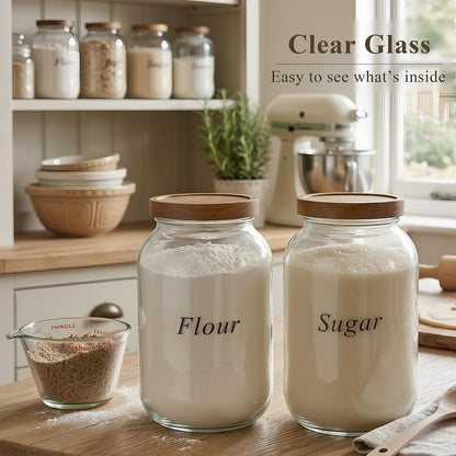2 Pack Glass Flour Sugar Storage Containers with Acacia Wooden Lid, 1 Gallon Glass Jars with Airtight Lid, Wide Mouth Large Mason Jars 128oz for Rice, Pasta, Oats, Coffee Storage