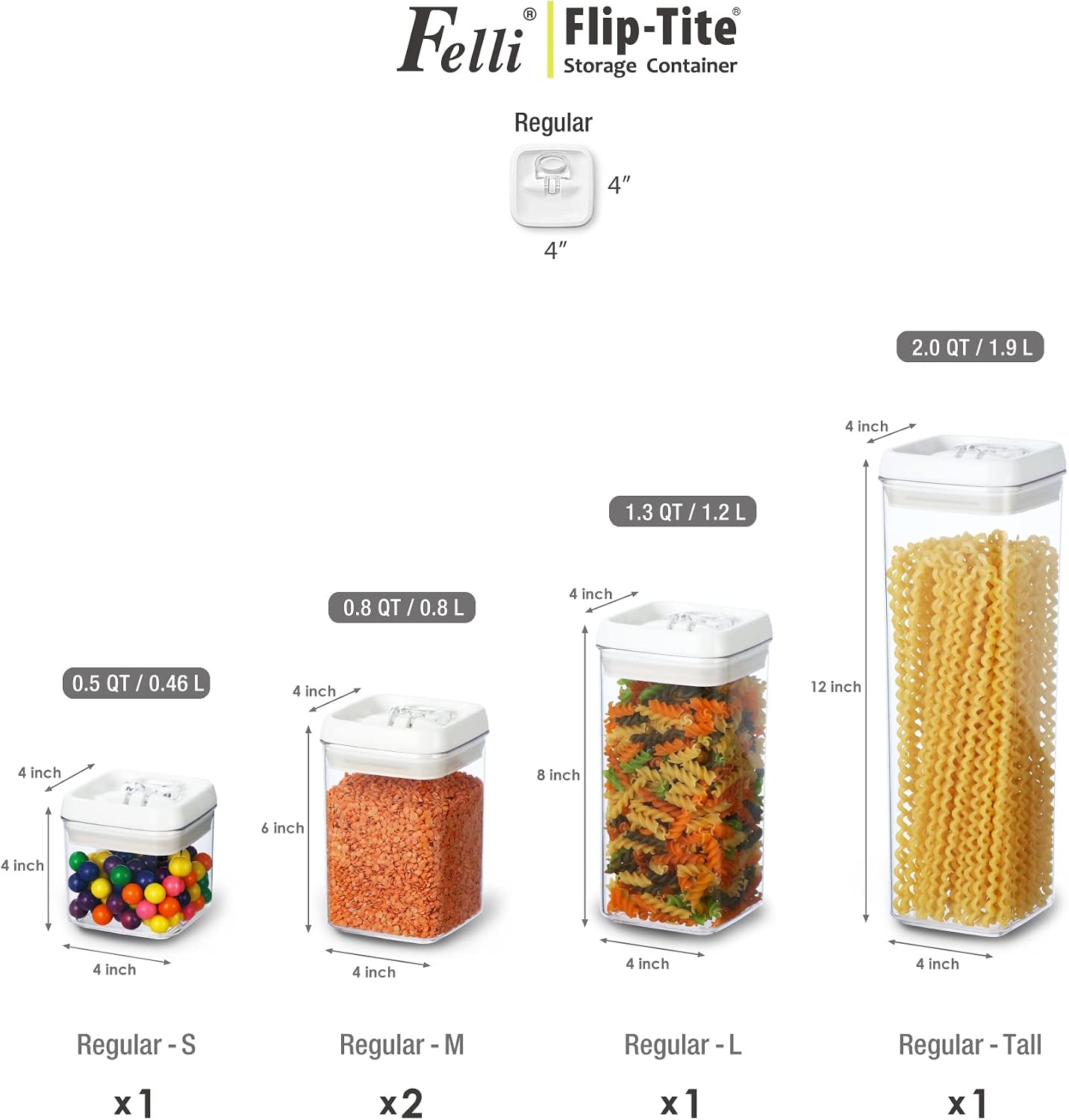 Felli Flip Tite Acrylic Food Storage Container with Lid 6” XL Air Tight Ring Seal Flip Top, Plastic Kitchen Baking Canister for 5 lb Flour Sugar Rice Protein Powder Pantry Organizer (Nest-M, White)