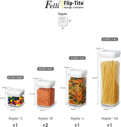 Felli Flip Tite Acrylic Food Storage Container with Lid 6” XL Air Tight Ring Seal Flip Top, Plastic Kitchen Baking Canister for 5 lb Flour Sugar Rice Protein Powder Pantry Organizer (Nest-M, White)