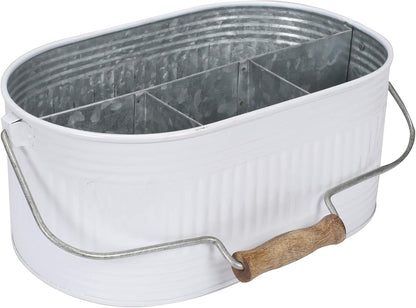 Alpha Living Home Galvanized Metal Utensil Caddy - Rustic Farmhouse Organizer Metal Garden Caddy with 4 Compartments and Wooden Handle for Kitchen, Buffet & Outdoor Events (Silver)