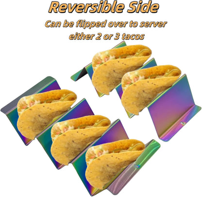 Gold Taco Holder Stand with Handles for Party, Set of 6 Stainless Steel Taco Tray, Rack Holds Up to 3 Tacos Each Stackable storage, Dishwasher Oven safe