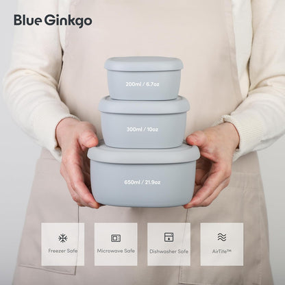 BLUE GINKGO Nesting Silicone Containers - Set of 3 Hard-Shell Silicone Food Storage Containers | BPA Free, Airtight, Dishwasher and Freezer Safe (6.7oz, 10oz, 20oz) - Green