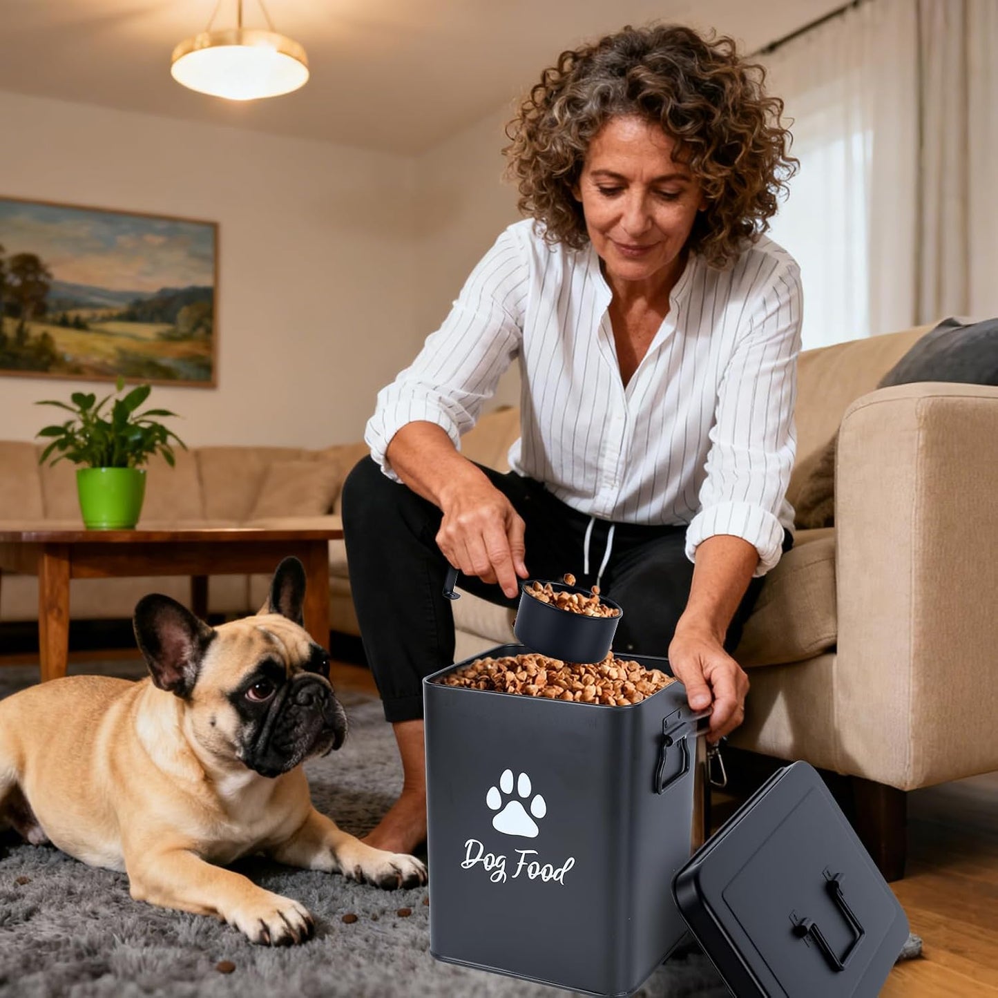 Dog Food Container 13lb, Cute Airtight Pet Food Storage Containers with Metal Lid Scoop, Black Metal Storage Bin for Dog/Cat with Wheels,Easy to Move