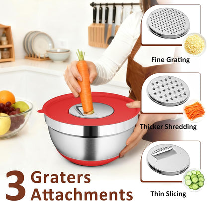 9 Pack Mixing Bowls with Airtight Lids & Grater Attachments, Khaki