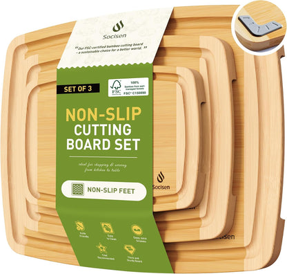 3 Packs Bamboo Cutting Board Set with Non Slip Feet and Over Sink Nice Solid Thick Wood Juice Groove Chopping Board Extra Large Big Small Best Hardwood Kitchen Counter Organic Vegetable