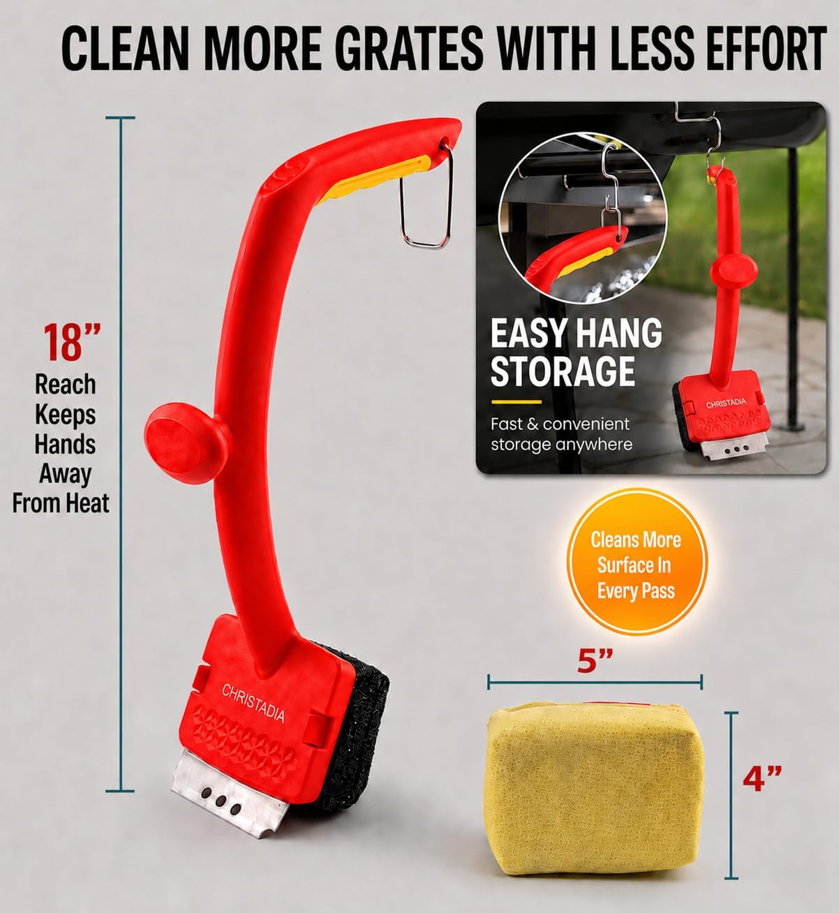 Grill Brush Bristle Free with 2 Replaceable Kevlar & Steel Fiber, Heat-Resistant Steam Grill Cleaner for Outdoor Grill, Ergonomic 18'' Long Dual Handle Safe on Cast Iron & Stainless-Steel Grates
