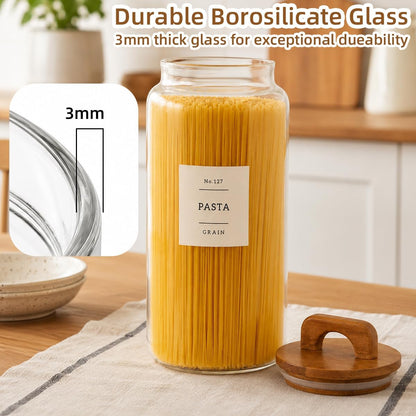 2 Pack Large Glass Flour and Sugar Containers with 132 Pantry Labels - 64 FL OZ Glass Canisters with Bamboo Airtight Lids - Farmhouse Glass Cookie Jars for Rice, Pasta, Cereal, Bath Salt