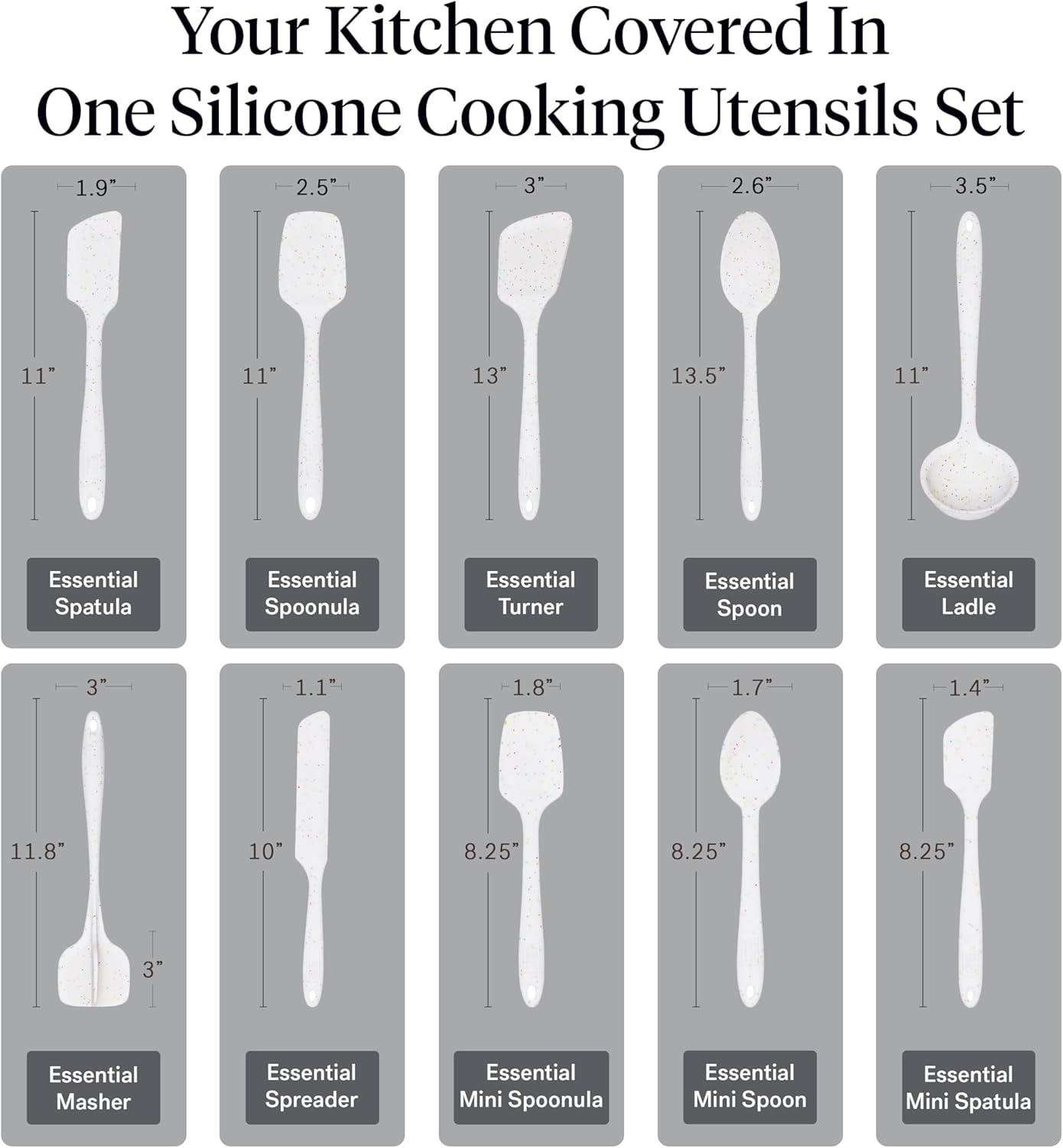 GIR 5-Piece Silicone Kitchen Utensils Set, Non-Toxic Cooking Utensils for Cooking and Baking, Heat Resistant, Food Grade, Dishwasher Safe Rubber Spatula, Ladle, Spoon - Charcoal