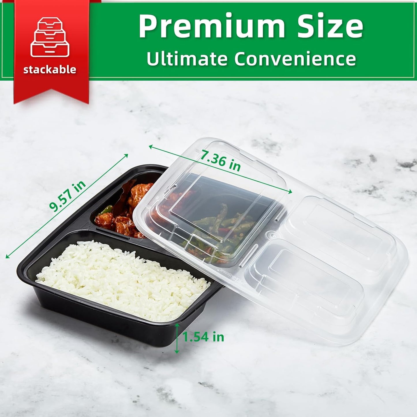 Meal Prep Containers 2 Compartment 15 Pack, 28 oz Divided Reusable Food Storage Containers with Lids Takeout Food Storage Containers Black, Microwave Dishwasher Freezer Safe, Stackable, BPA Free