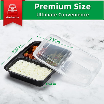 Meal Prep Containers 2 Compartment 15 Pack, 28 oz Divided Reusable Food Storage Containers with Lids Takeout Food Storage Containers Black, Microwave Dishwasher Freezer Safe, Stackable, BPA Free
