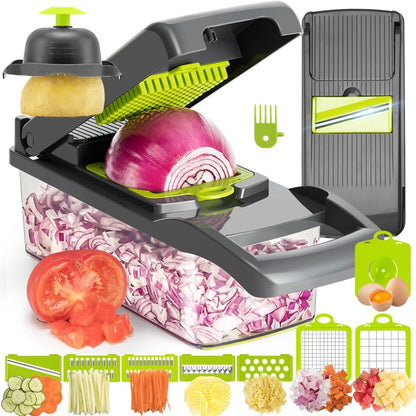 KEOUKE Vegetable Chopper Mandoline Slicer Grey - 12 in 1 Interchangeable Blades Food Chopper with Container, Hand Guard & Drainer, Veggie Dicer Kitchen Gadget for Onion, Cucumber, Tomato, Fruit
