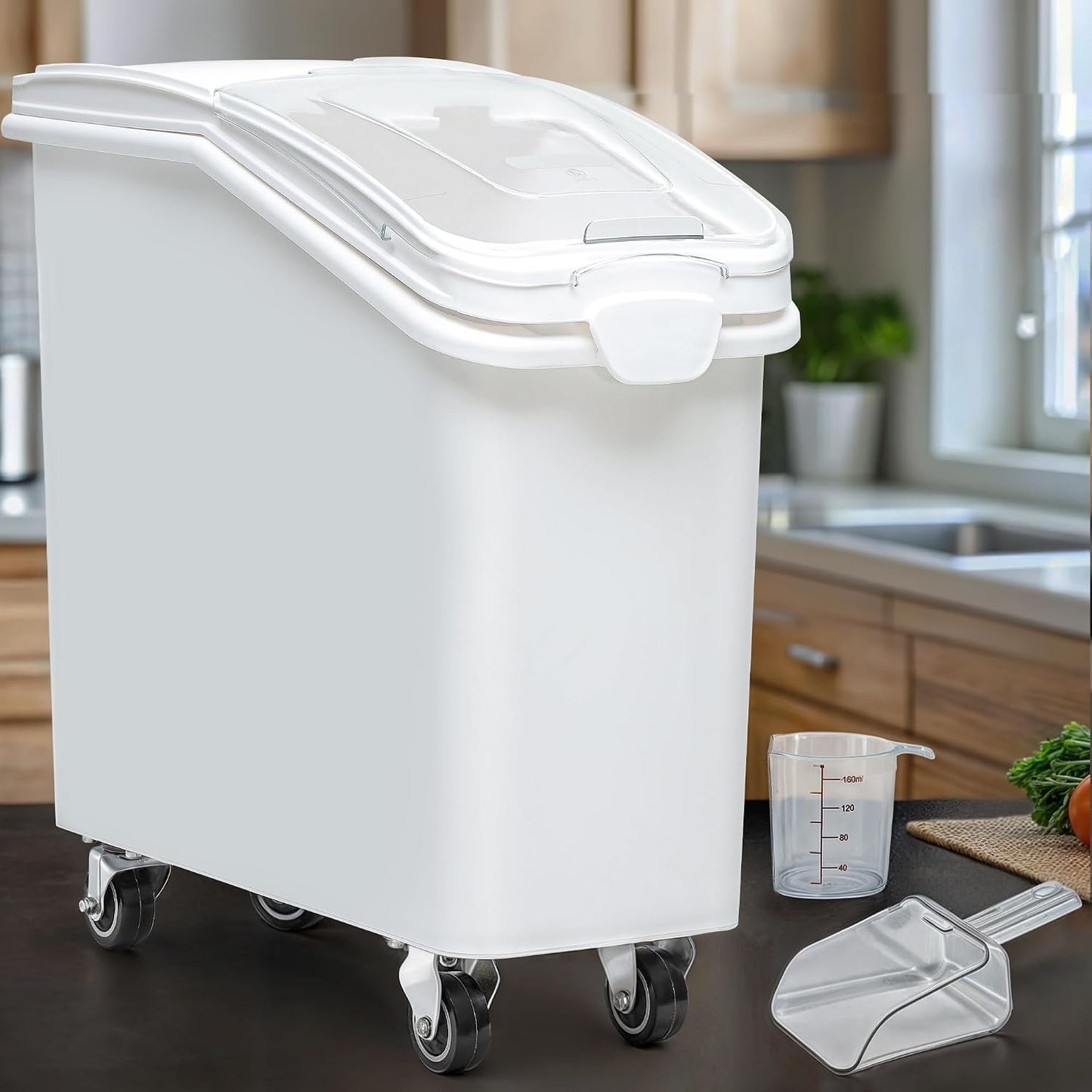 YITAHOME 50L/90lb Large Ingredient Flour Storage Bin, Commercial 11.4-Gallon Rice Storage Container 280 Cups Bulk Flour storage Bins with Wheels,Scoop,Lid and scale, Rice Bin for Kitchen, White