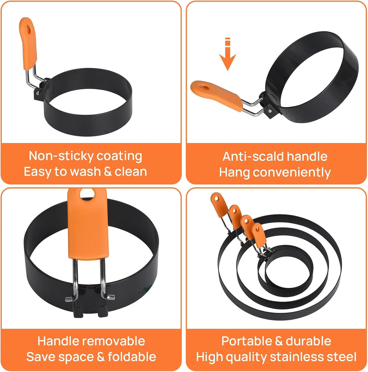 Hhyn Round & Square Egg Rings Set with Orange Silicone Handle