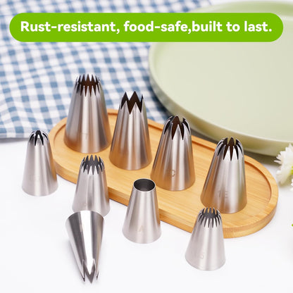 9PCS Large Piping Tips Set, Stainless Steel Cake Decorating Tips, Pastry Cake Decorating Tips Baking Tools for Baking Cupcakes, Cake Decorating